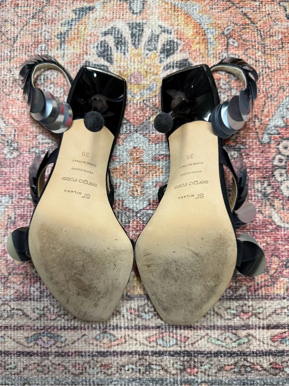 Sergio Rossi Black Spiral Strap Stiletto Sandals Silver Sequins